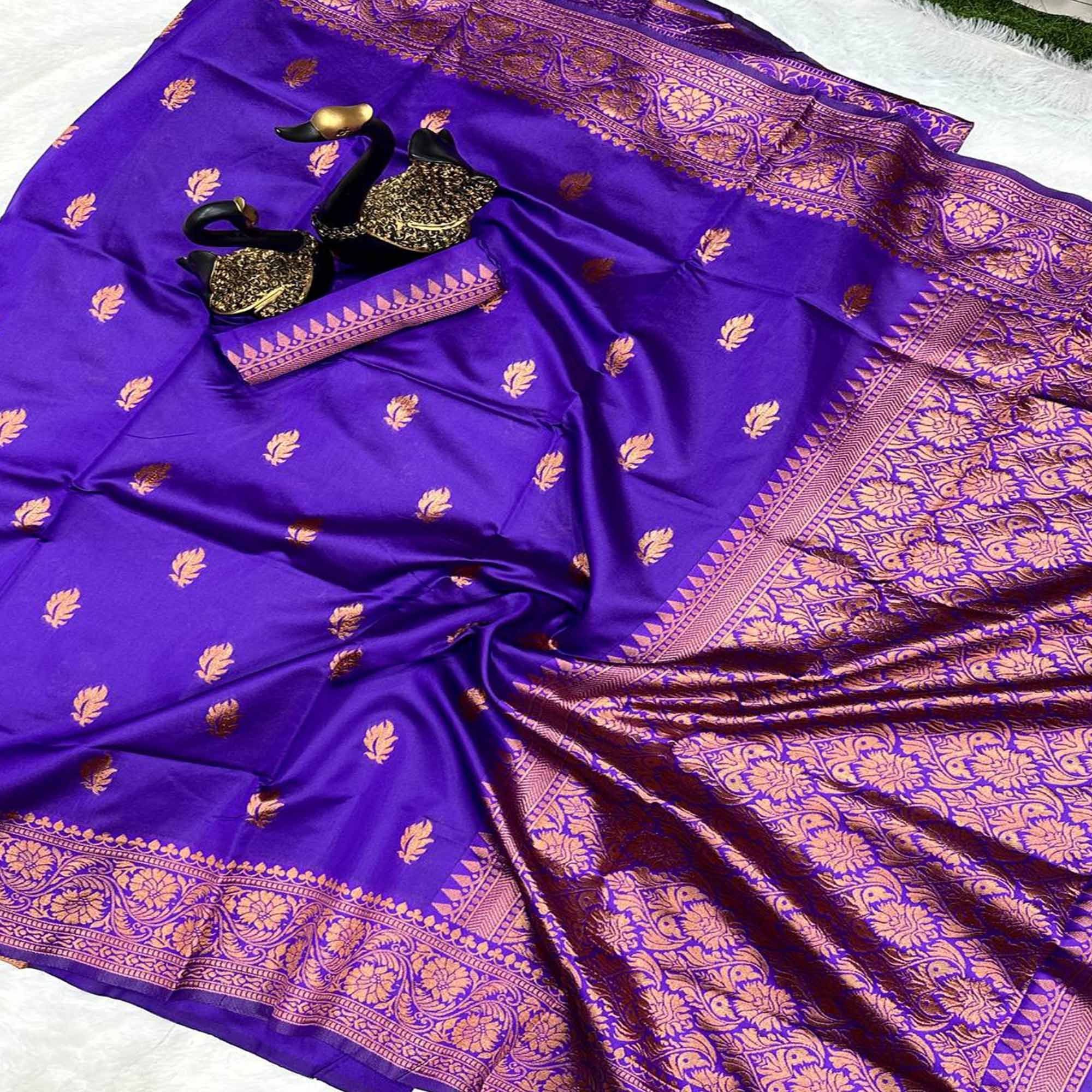 Violet Organic Banarasi Silk Saree with Floral Zari Detailing