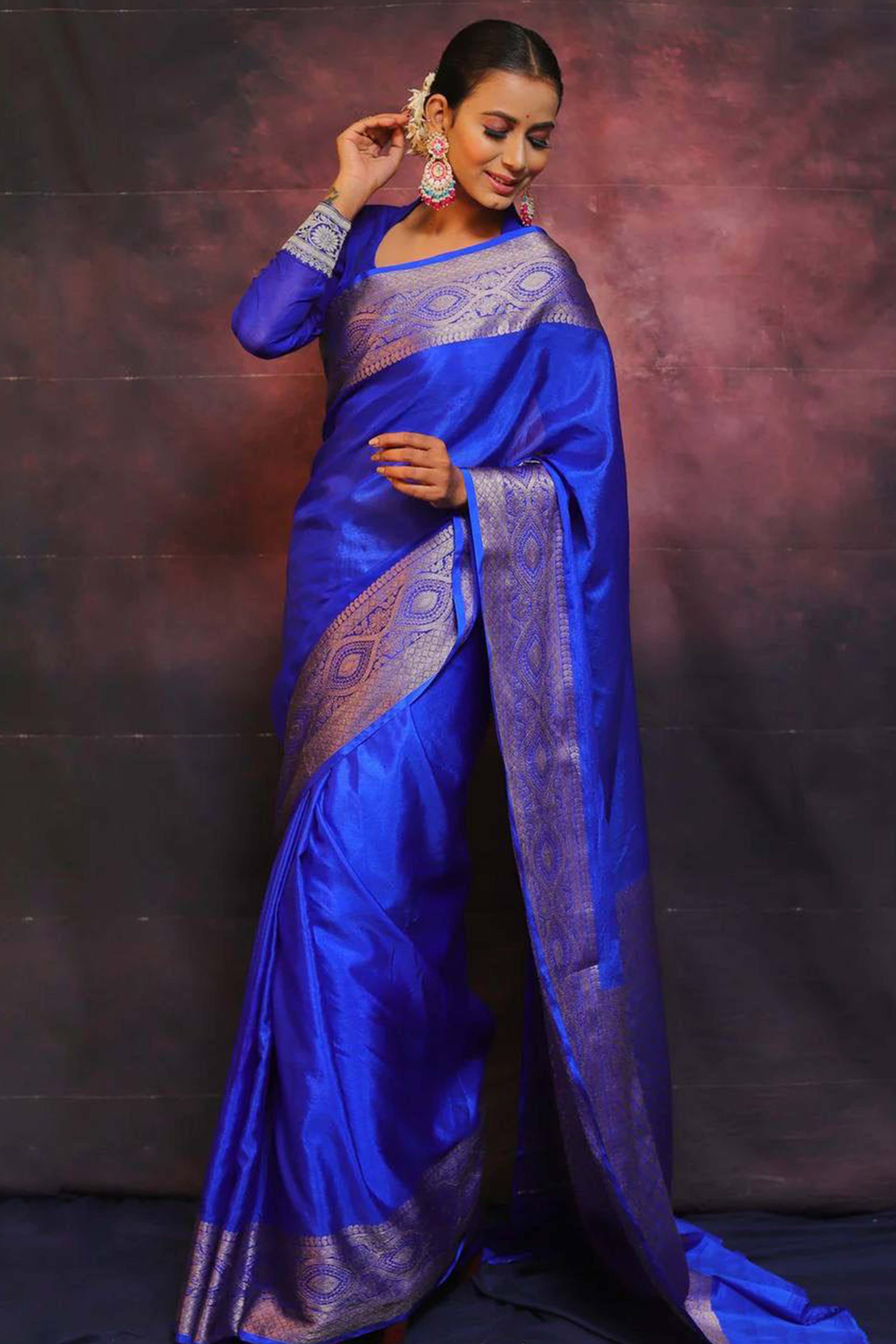 Majestic Royal Blue Floral Zari Woven Lichi Banarasi Silk Saree
