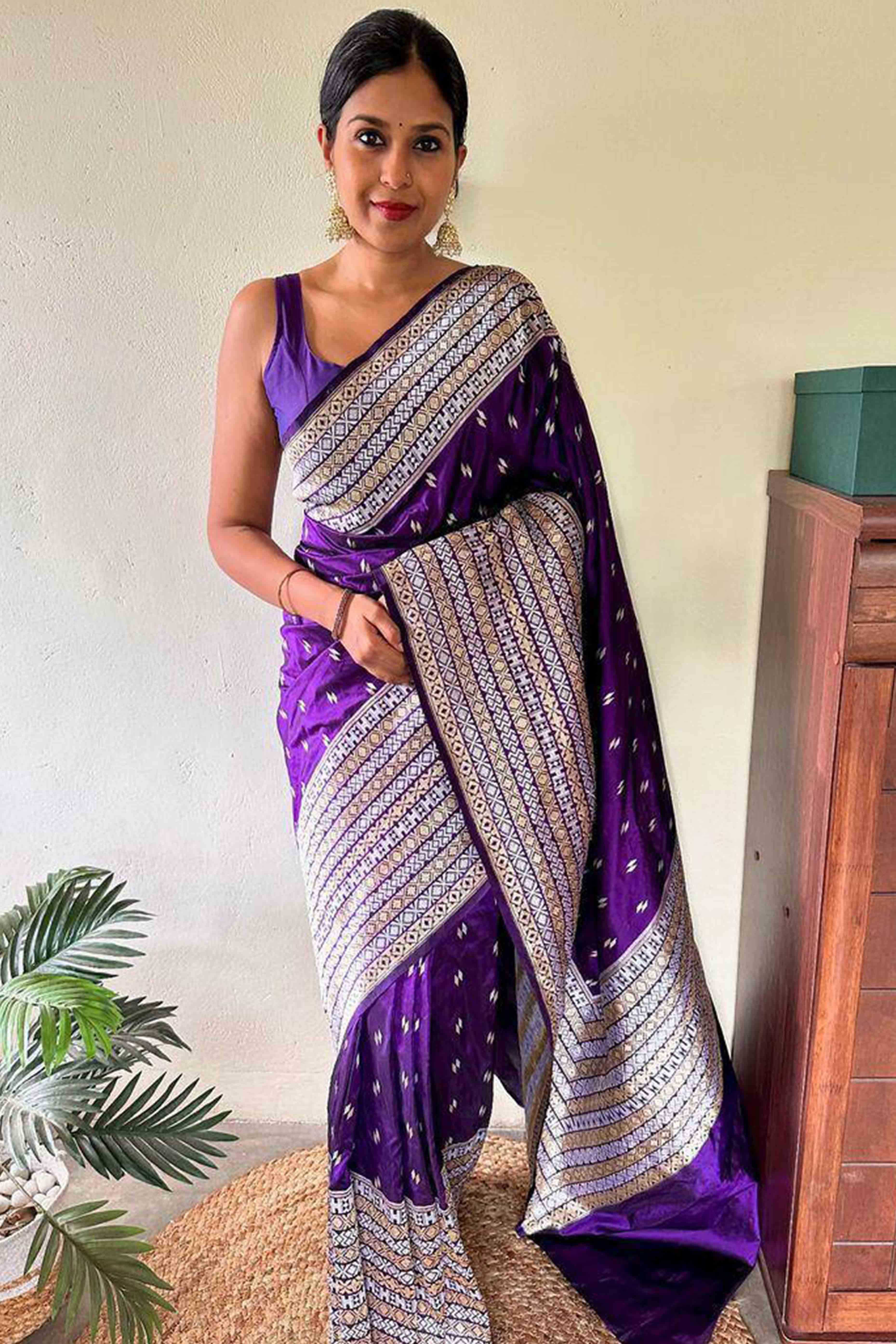 Violet Floral Woven Lichi Banarasi Silk Saree With Tassels