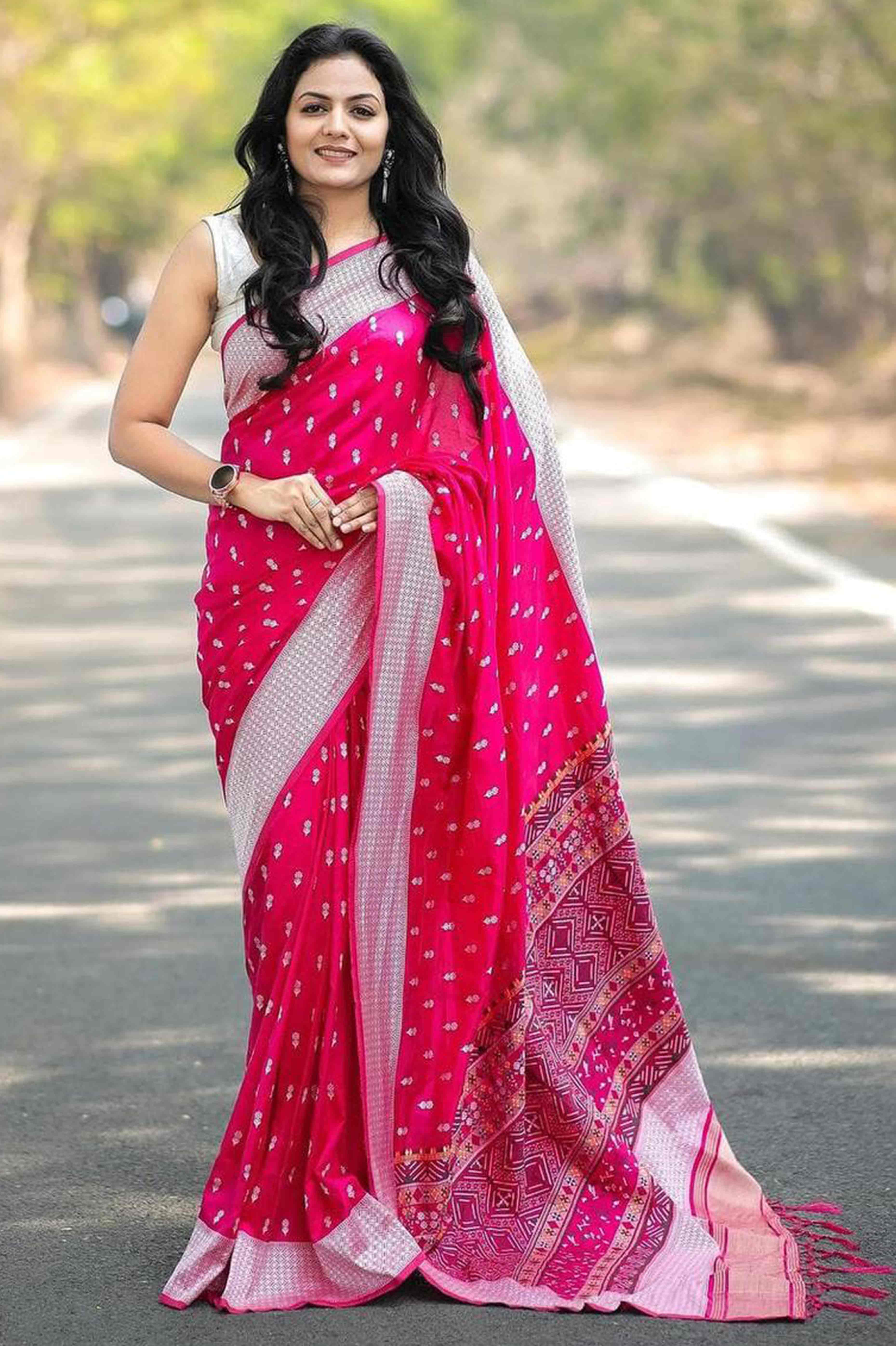 Pink Floral Woven Lichi Banarasi Silk Saree With Tassels