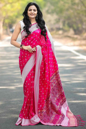 Pink Floral Woven Lichi Banarasi Silk Saree With Tassels