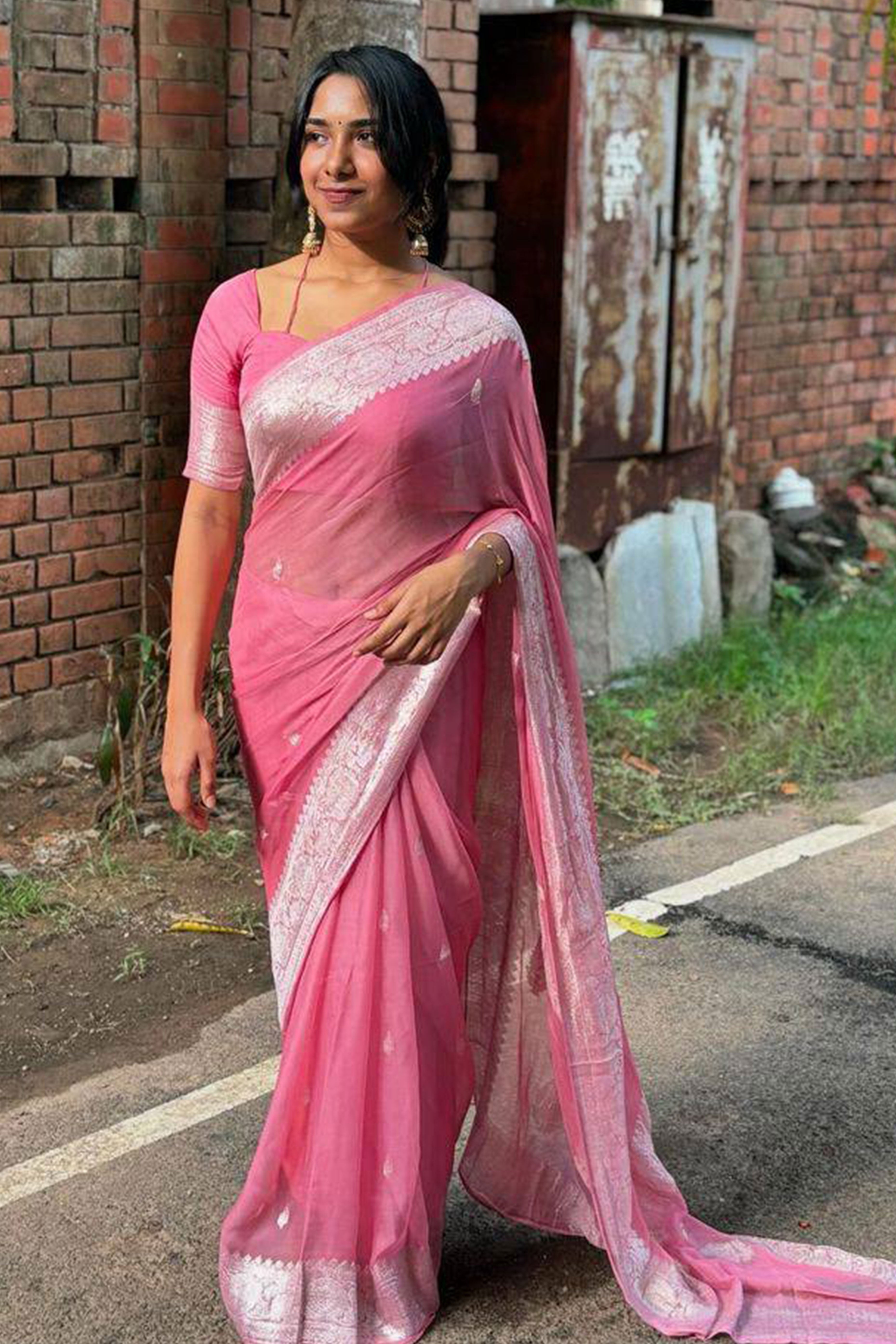 Pink Floral Woven Cotton Silk Saree