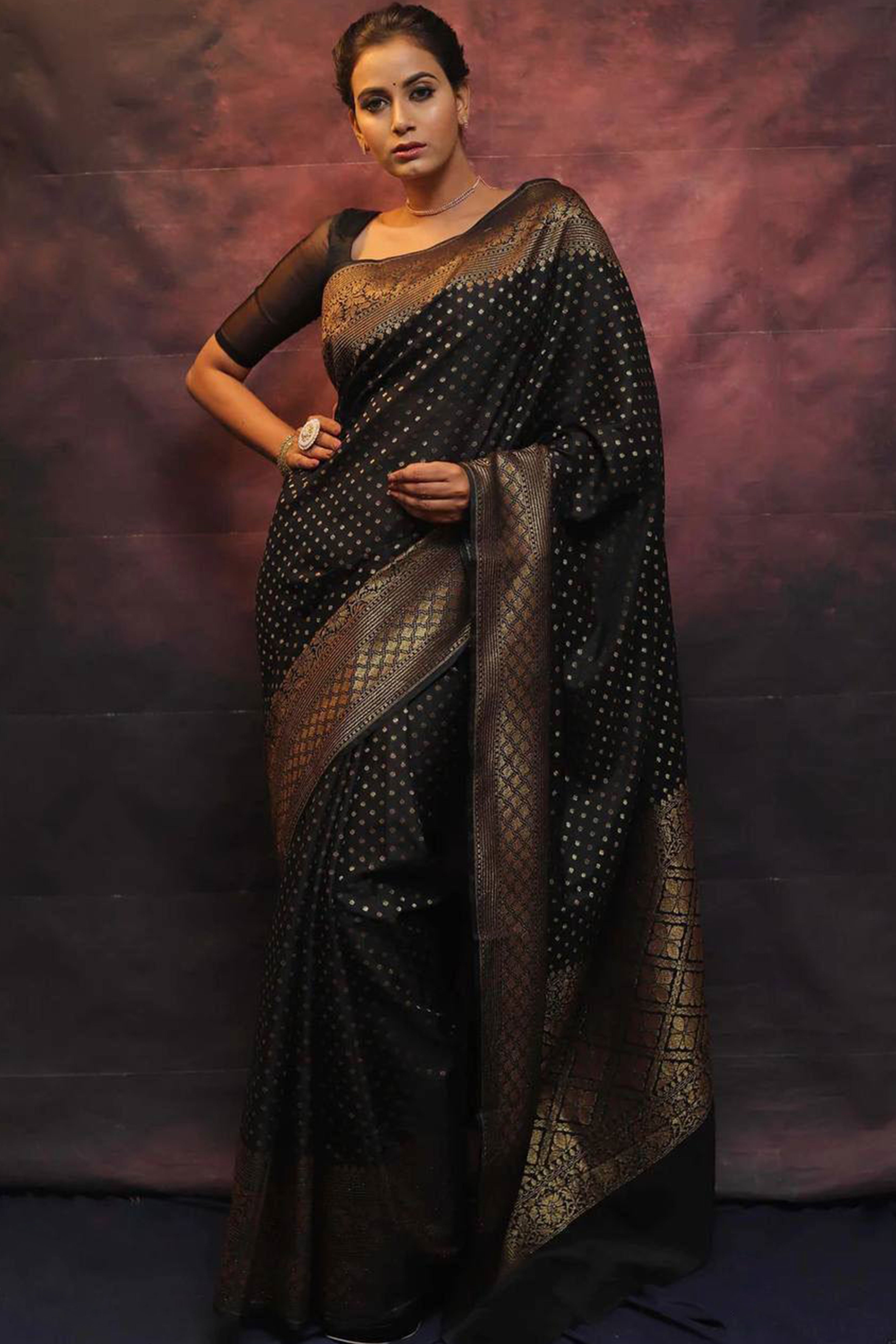 Black Floral Woven Lichi Banarasi Silk Saree