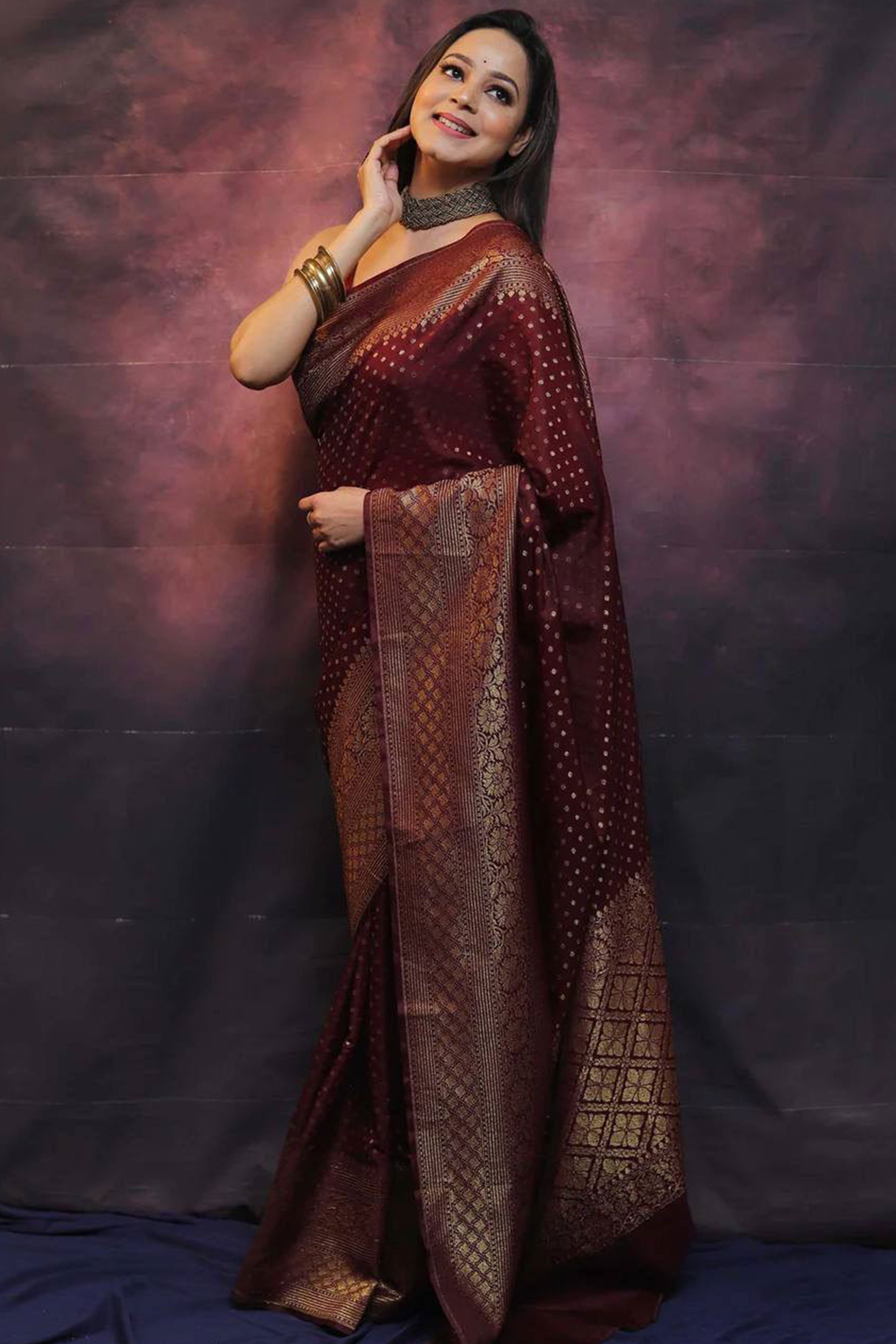 Maroon Floral Woven Lichi Banarasi Silk Saree