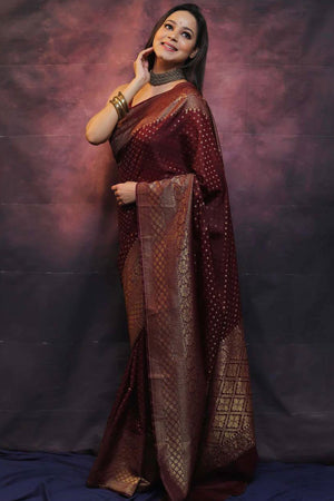 Maroon Floral Woven Lichi Banarasi Silk Saree