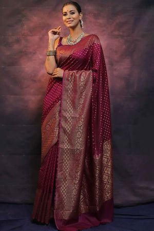 Wine Floral Woven Lichi Banarasi Silk Saree