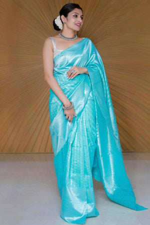 Blue Floral Woven Lichi Banarasi Silk Saree