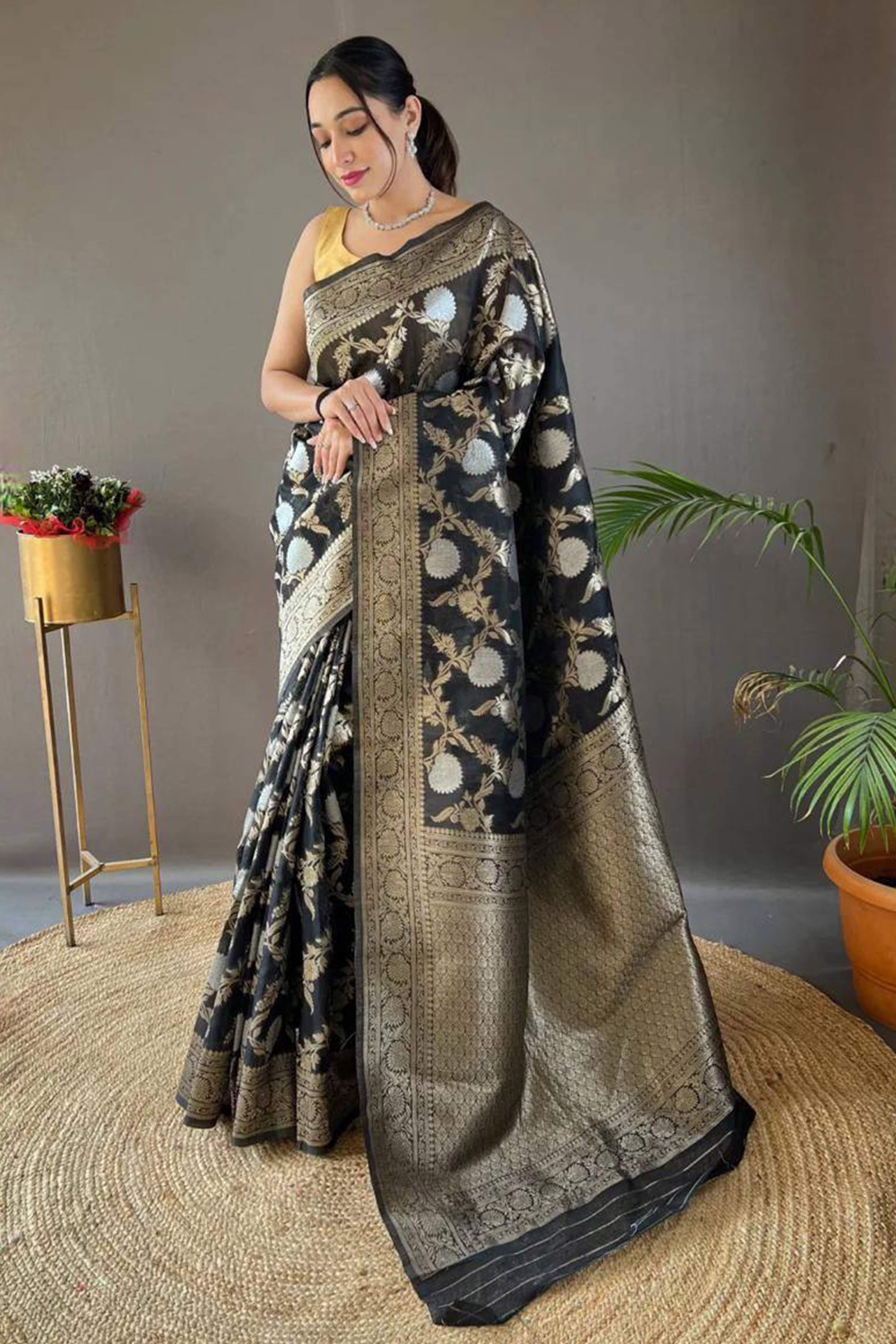 Black Floral Woven Cotton Silk Saree