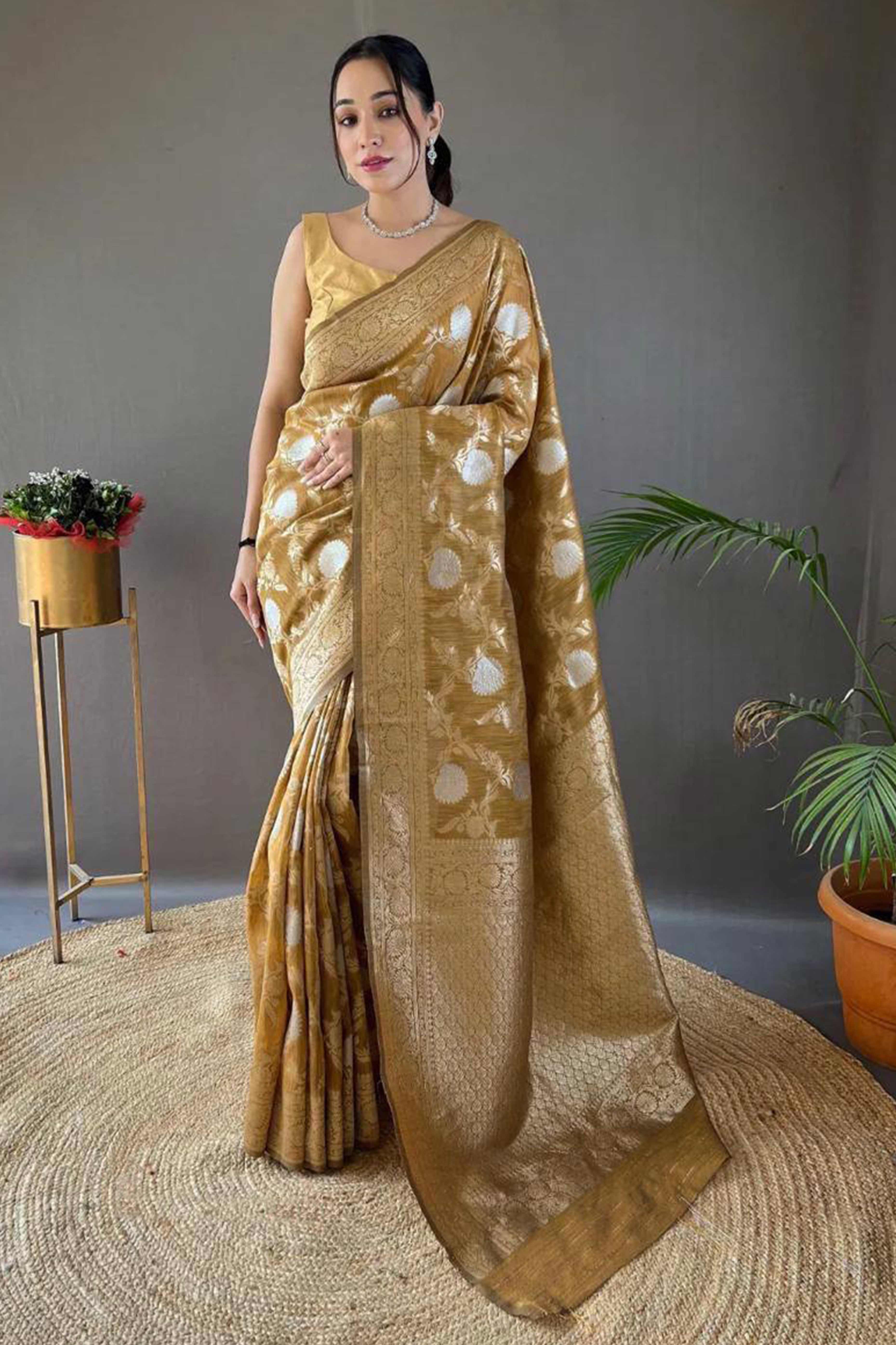 Dark Mustard Floral Woven Cotton Silk Saree