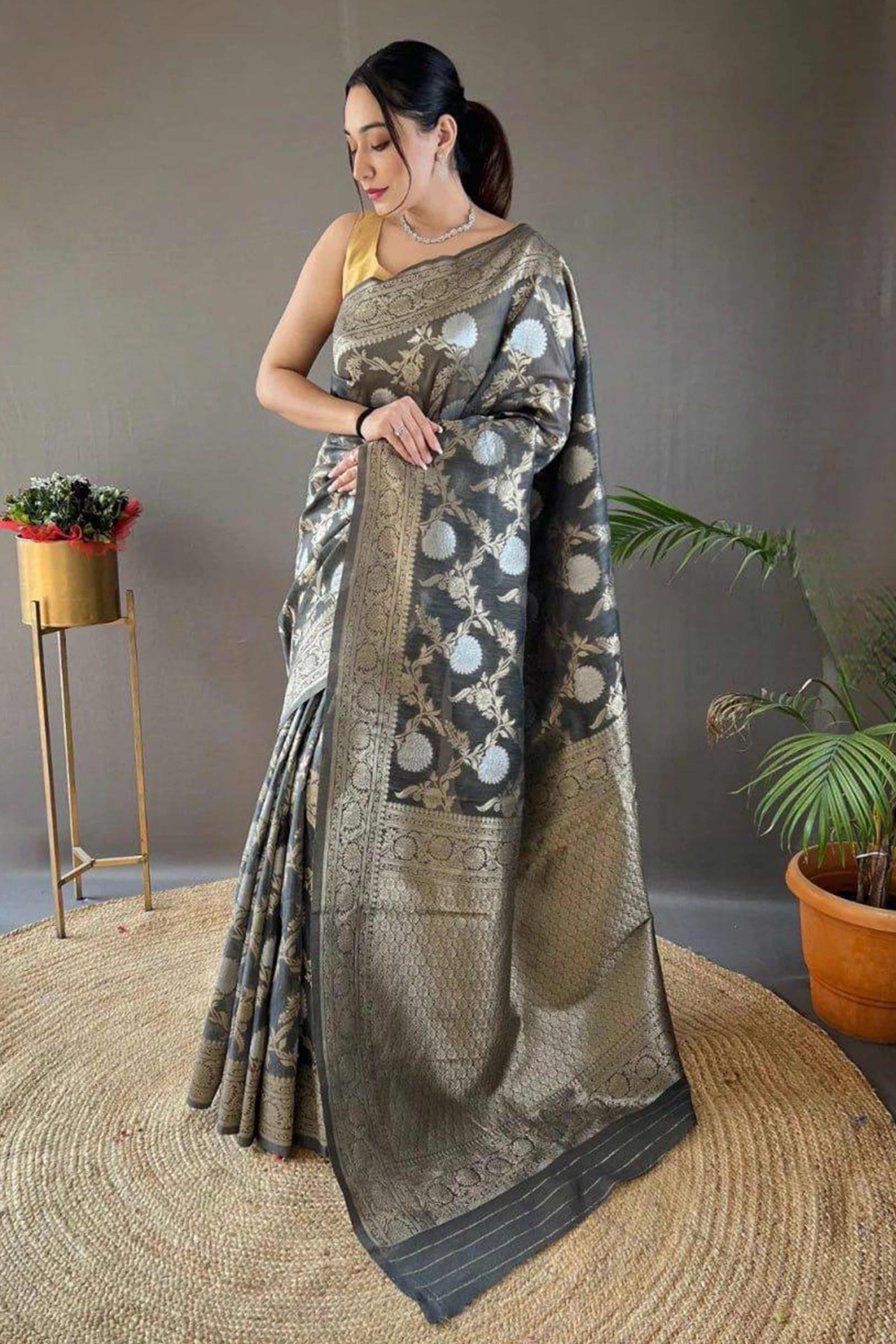 Grey Floral Woven Cotton Silk Saree