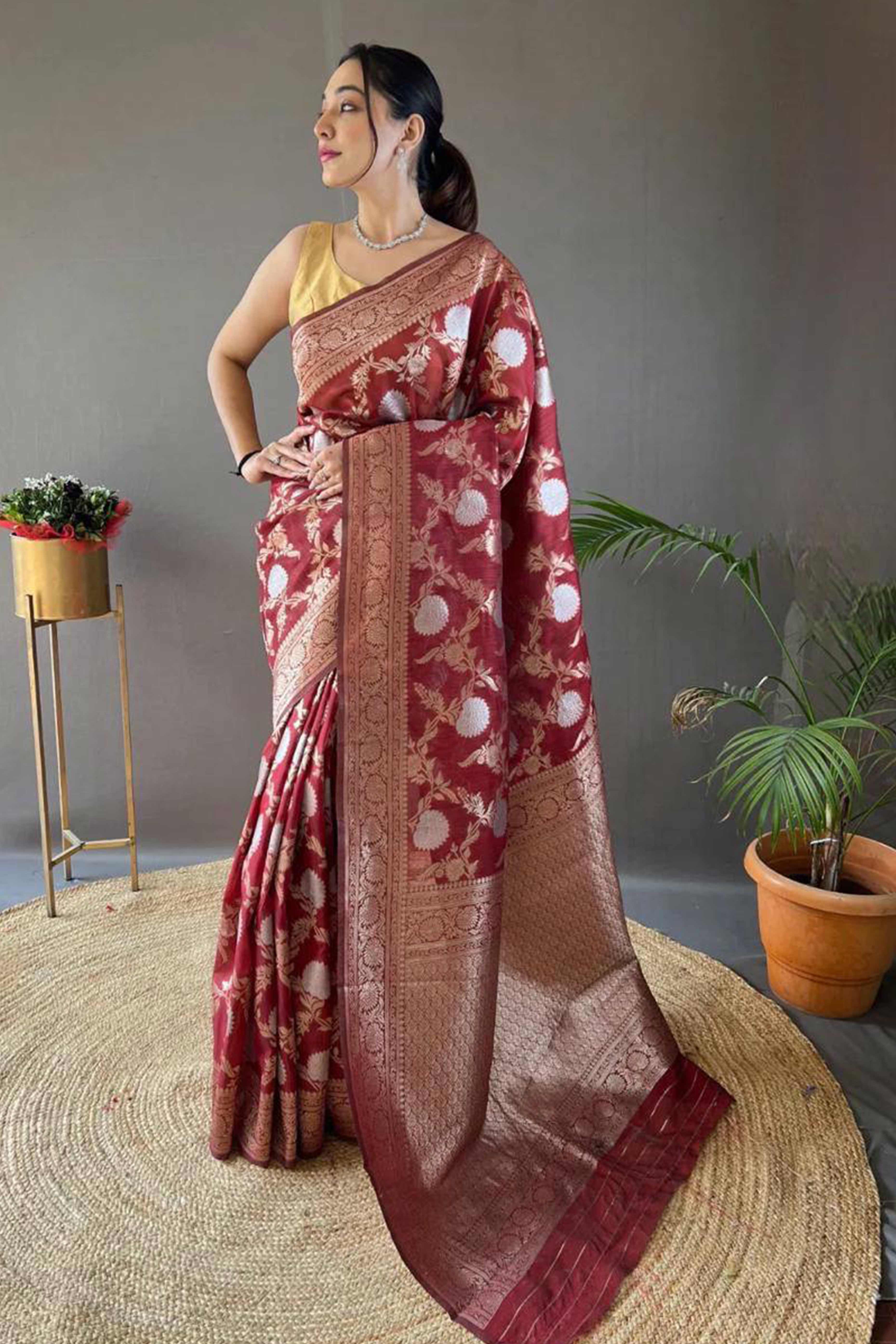 Maroon Floral Woven Cotton Silk Saree