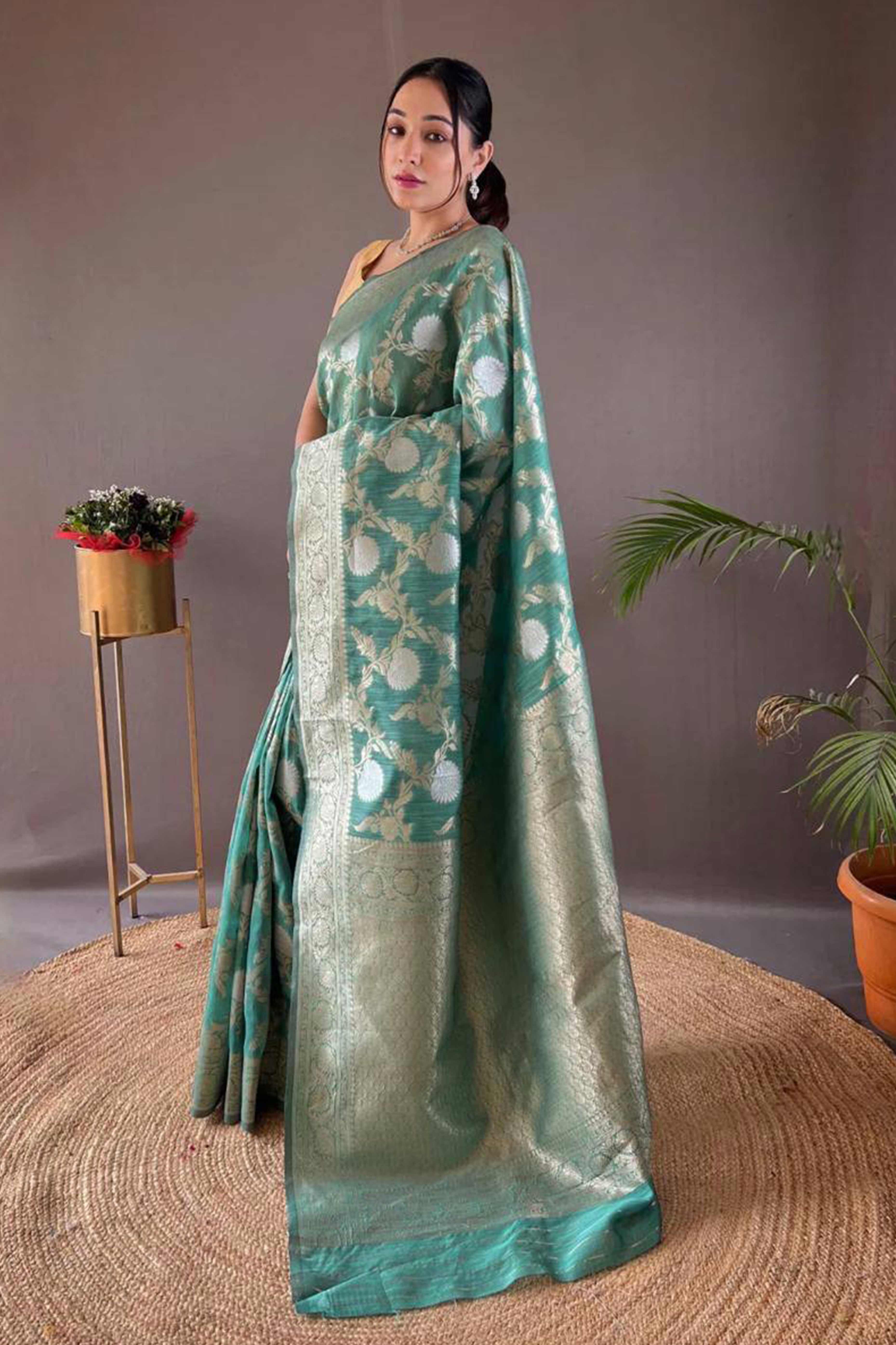 Rama Green Floral Woven Cotton Silk Saree