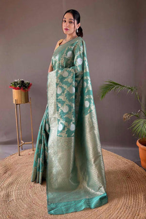 Rama Green Floral Woven Cotton Silk Saree