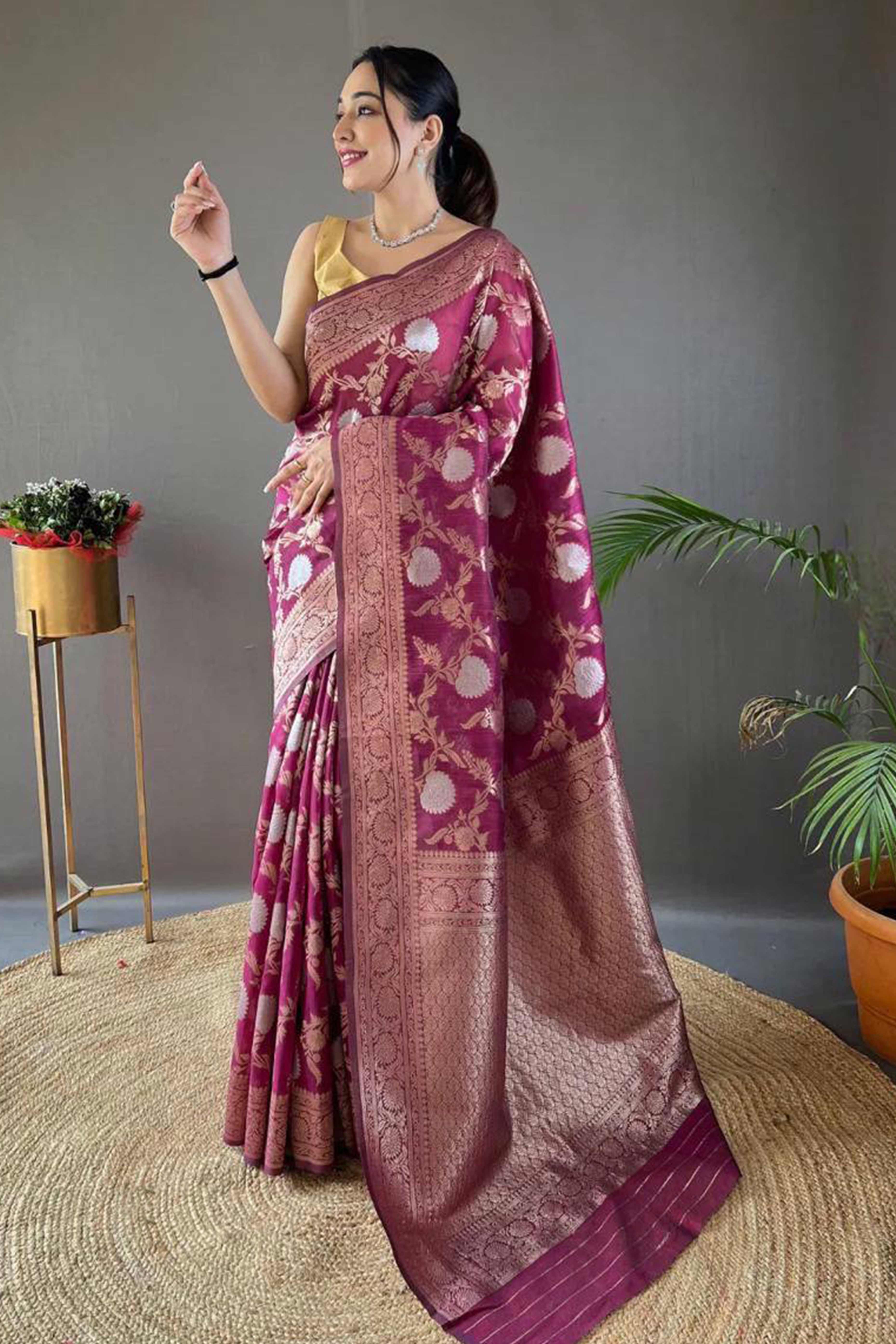 Wine Floral Woven Cotton Silk Saree