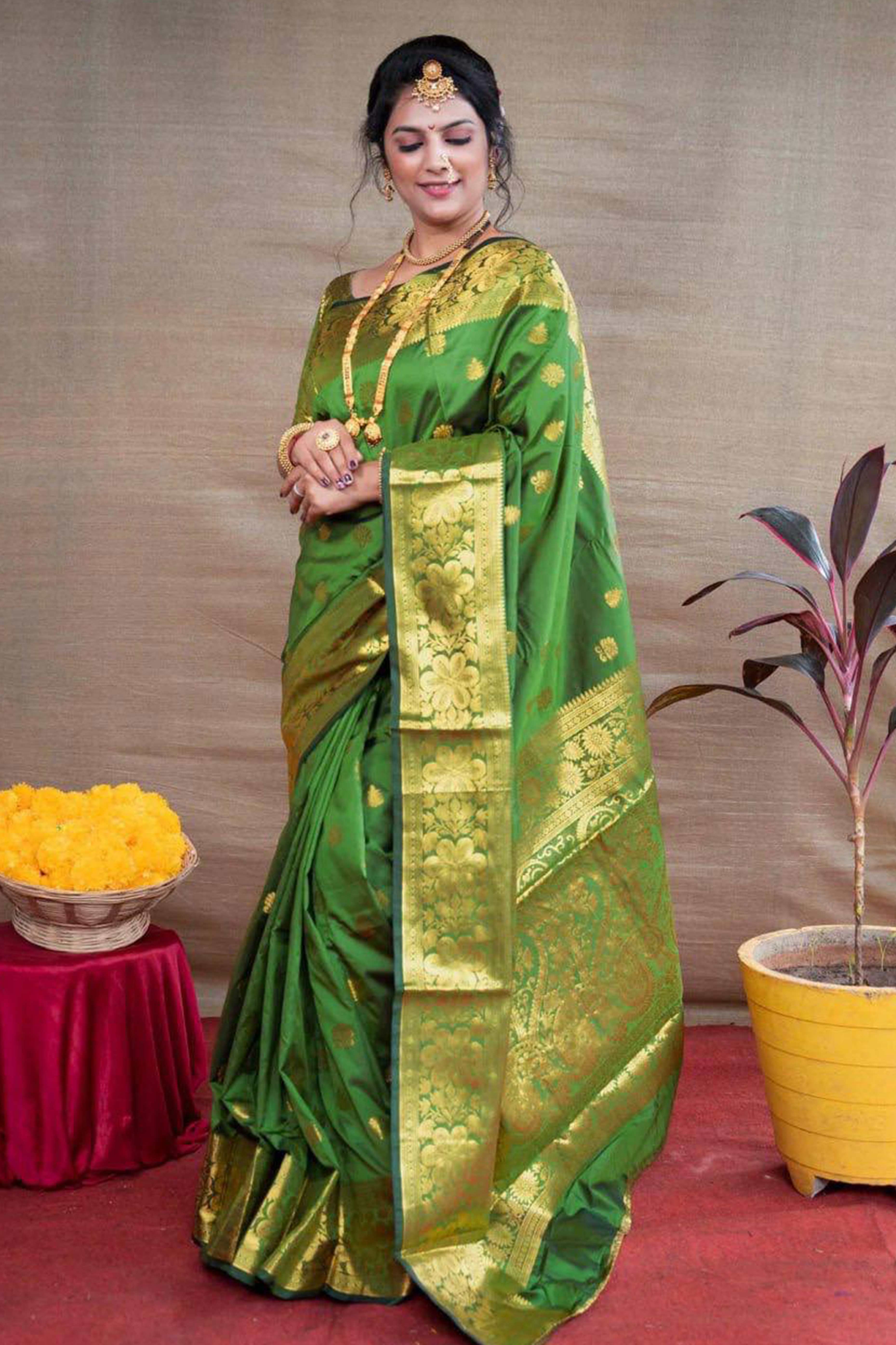 Regal Green Banarasi Silk Saree With Intricate Zari Butti Weaving