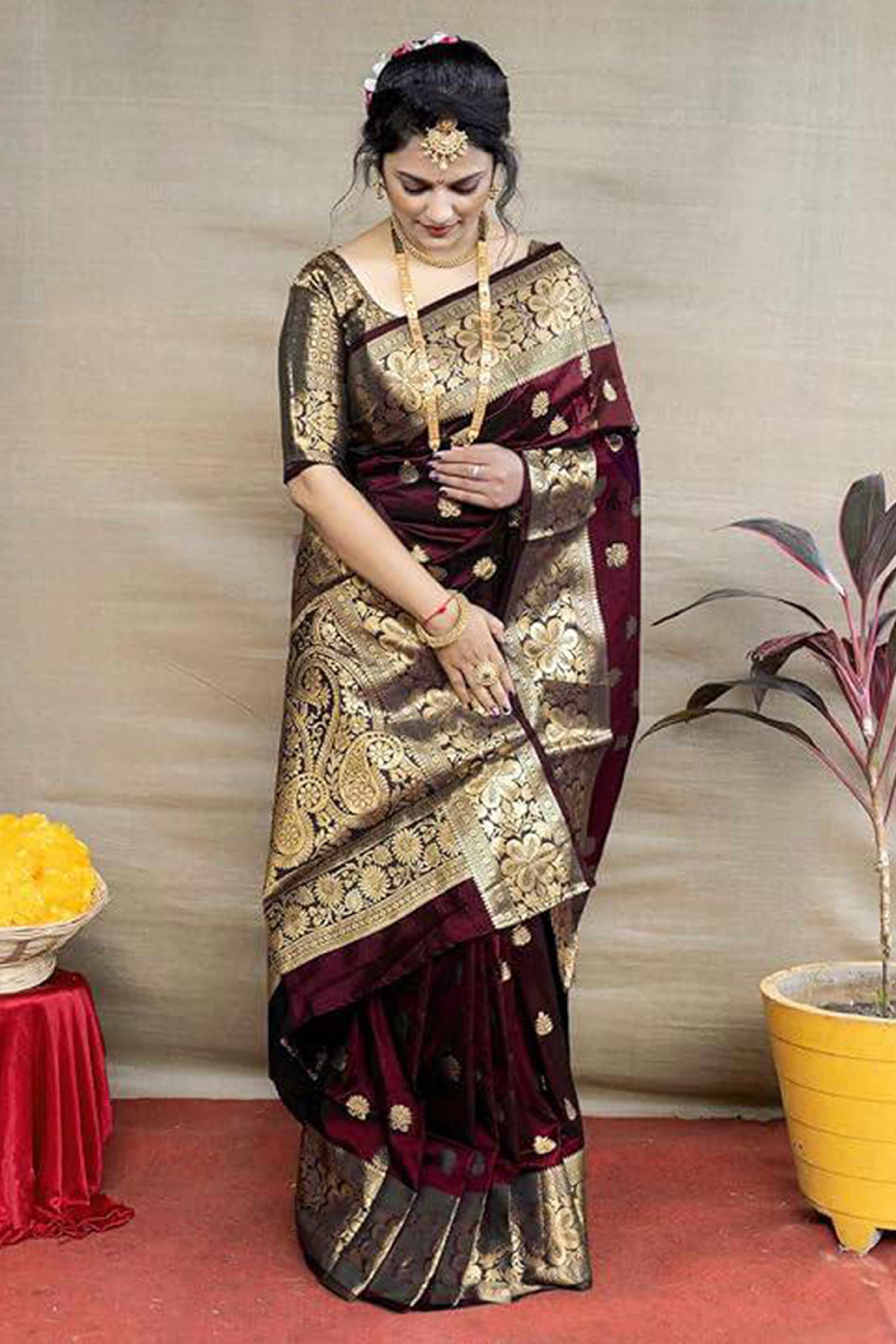 Maroon Banarasi Silk Saree With Intricate Zari Butti Weaving