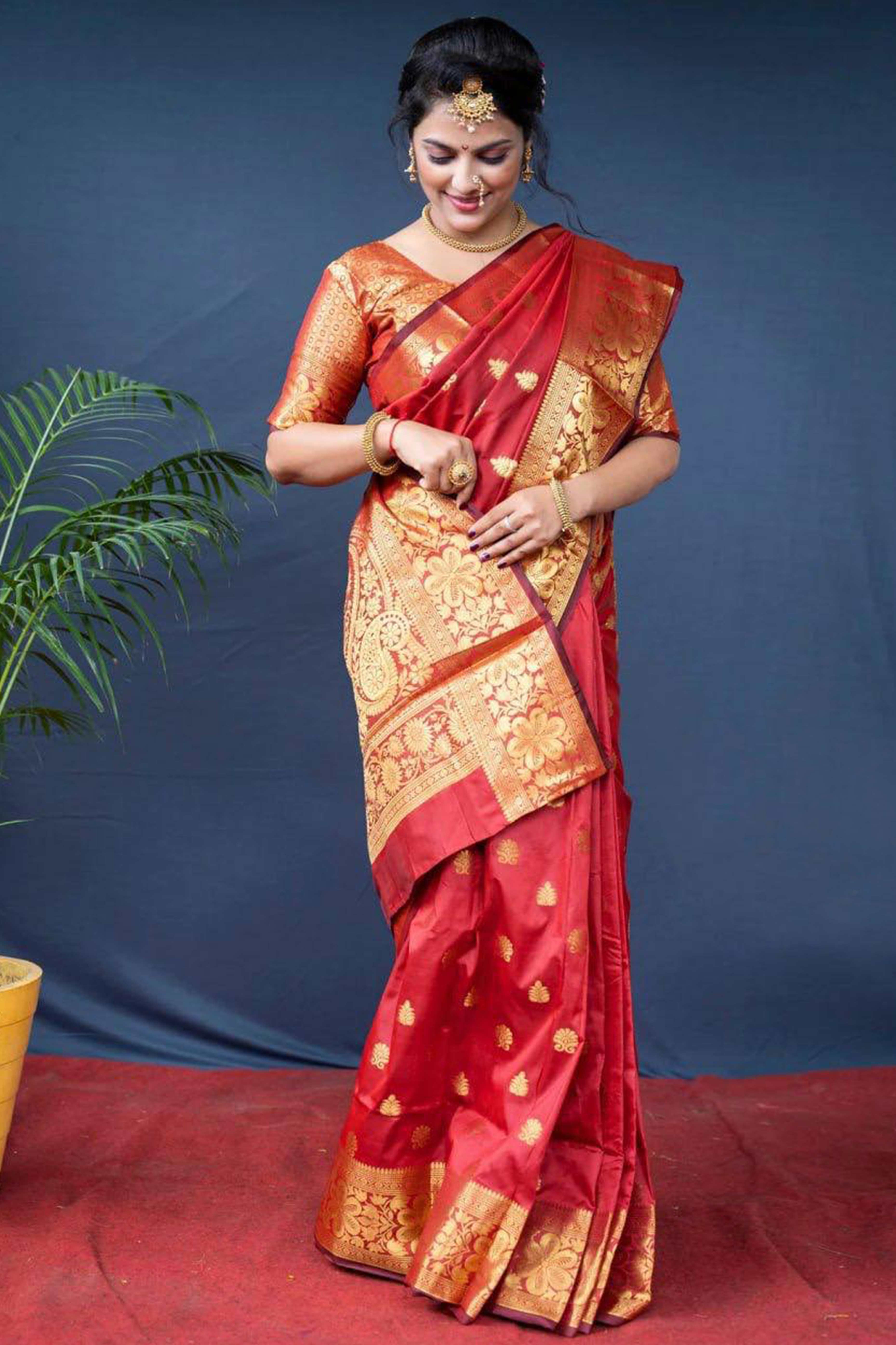 Red Banarasi Silk Saree With Intricate Zari Butti Weaving