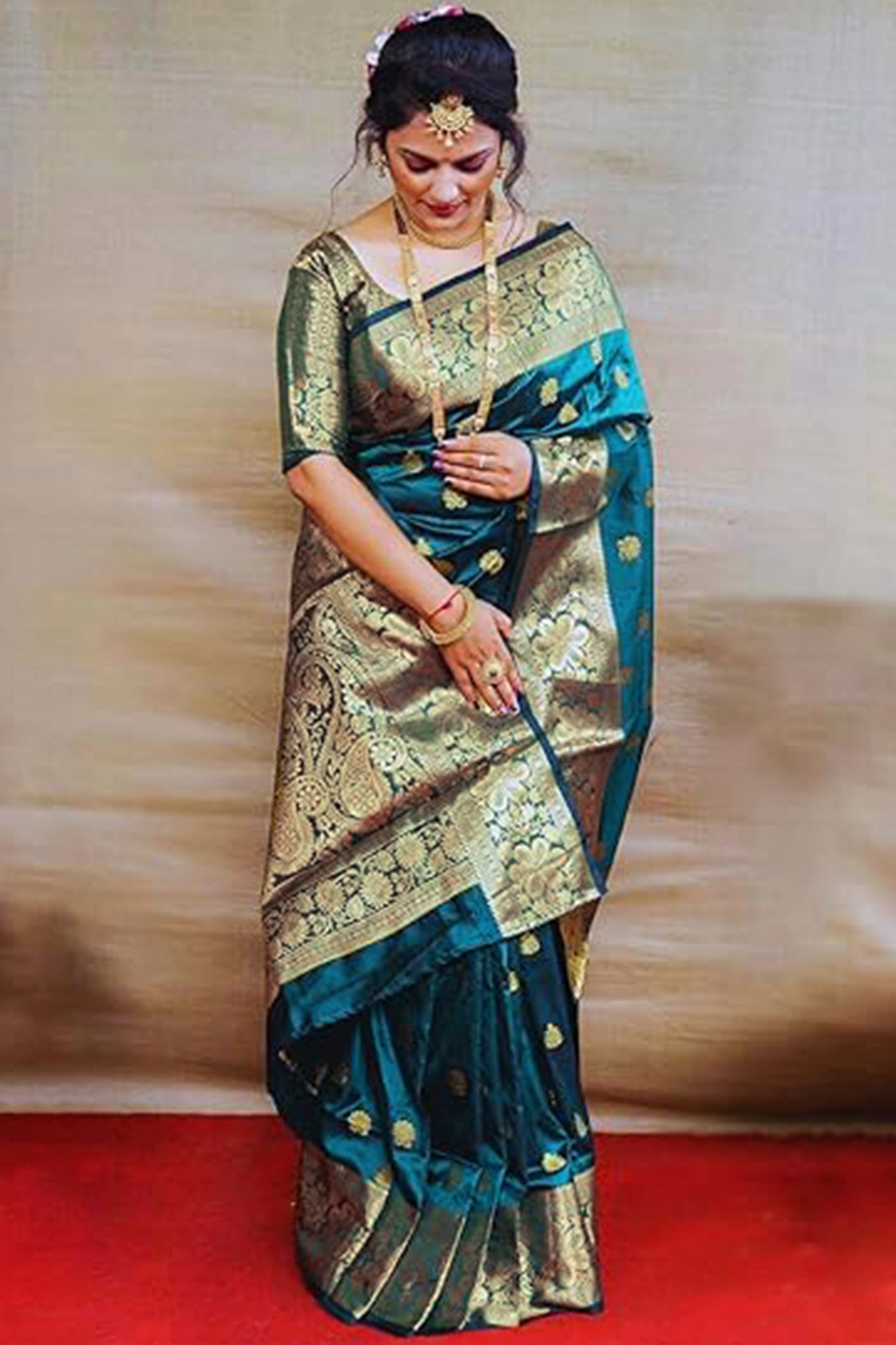 Teal Banarasi Silk Saree With Intricate Zari Butti Weaving