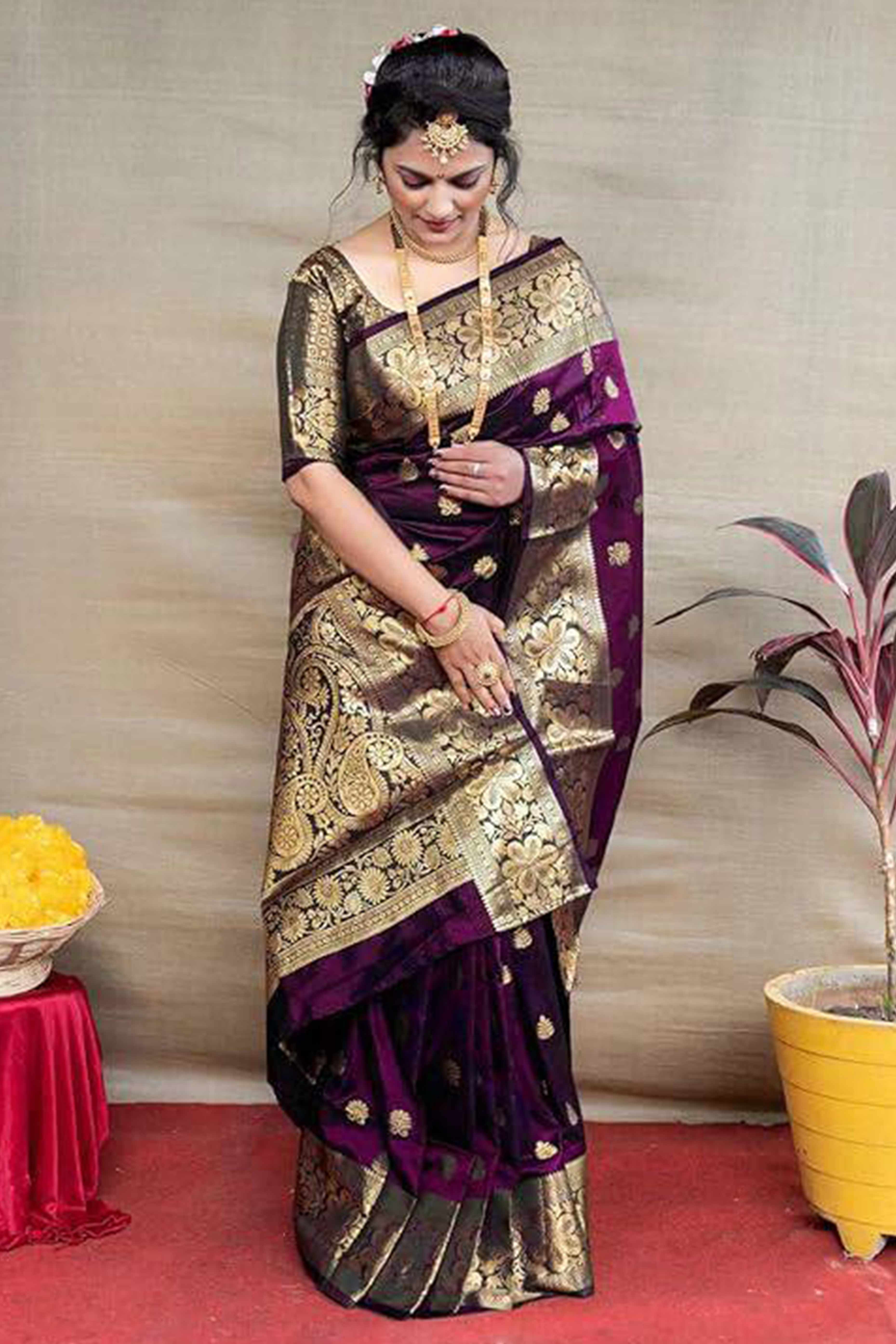 Wine Banarasi Silk Saree With Intricate Zari Butti Weaving