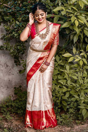 Off-White Banarasi Silk Saree With Delicate Zari Weaving For A Graceful Look