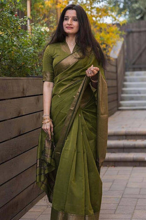 Exquisite Mehendi Green Floral Zari Woven Lichi Banarasi Silk Saree