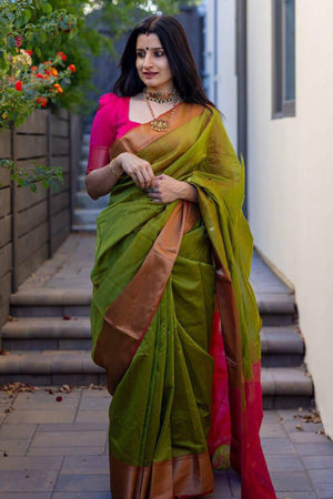 Green Floral Woven Lichi Banarasi Silk Saree