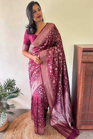 Wine Floral Woven Lichi Banarasi Silk Saree