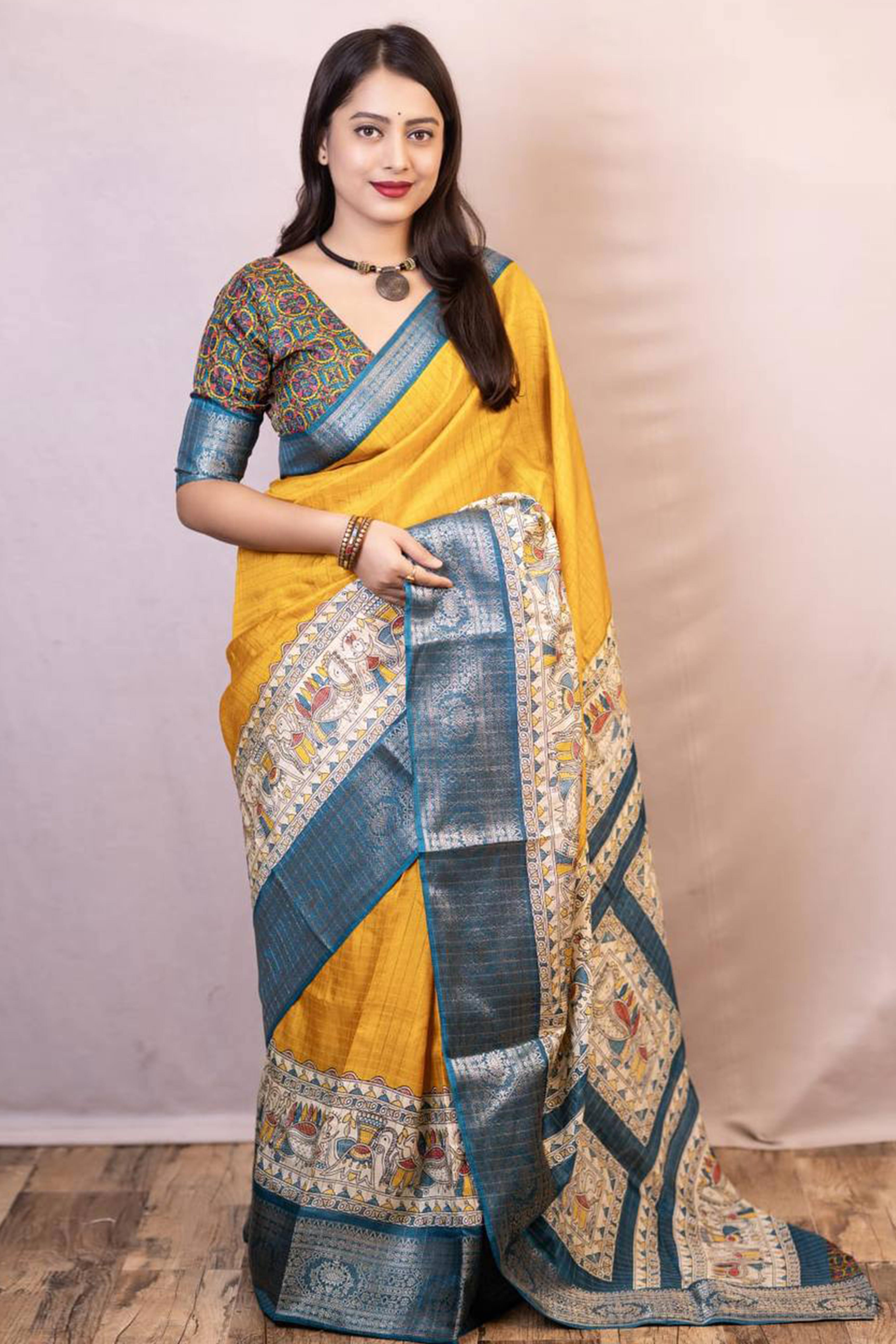 Mustard Printed With Zari Checks Dola Silk Saree