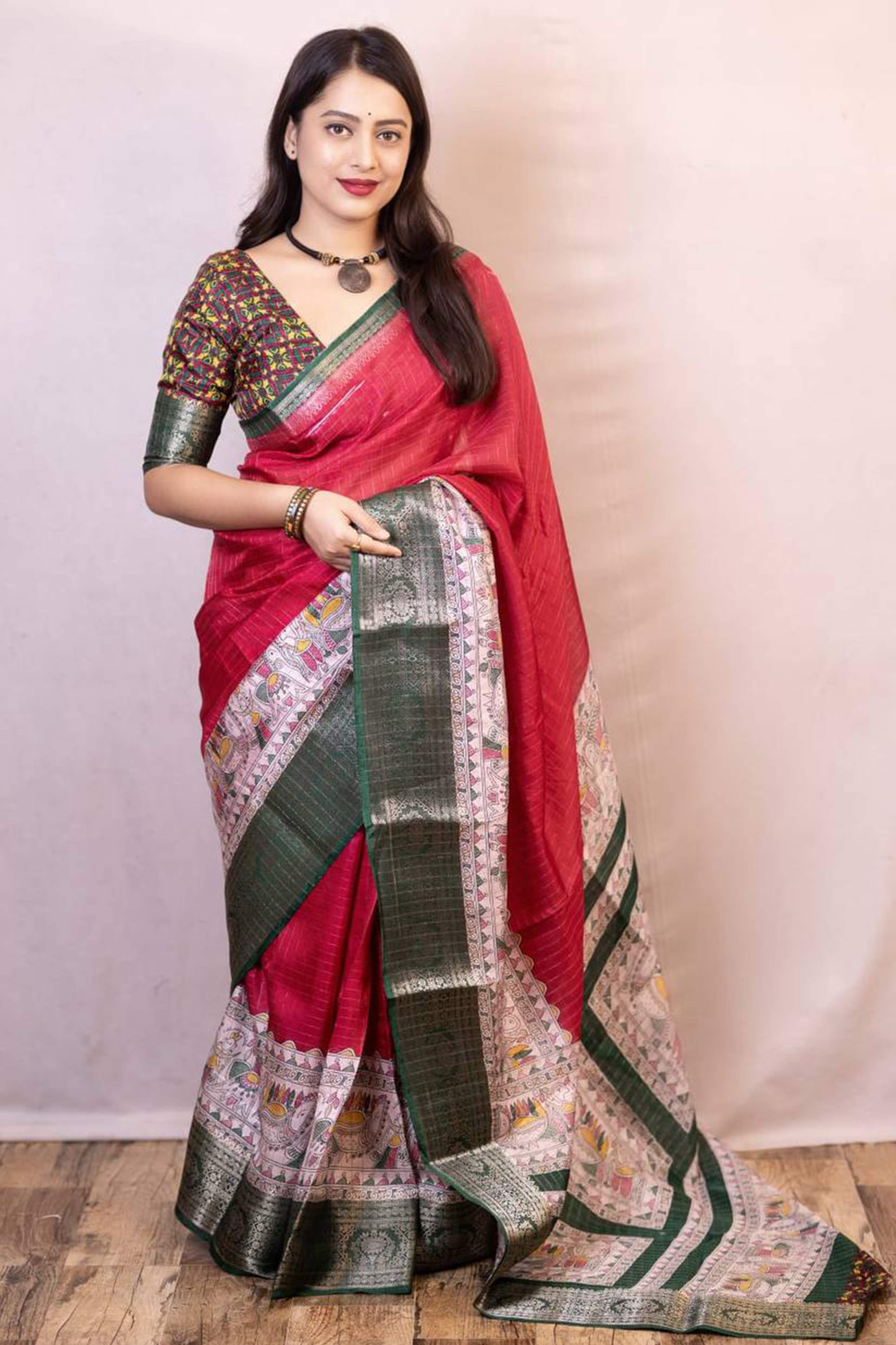 Pink Printed With Zari Checks Dola Silk Saree