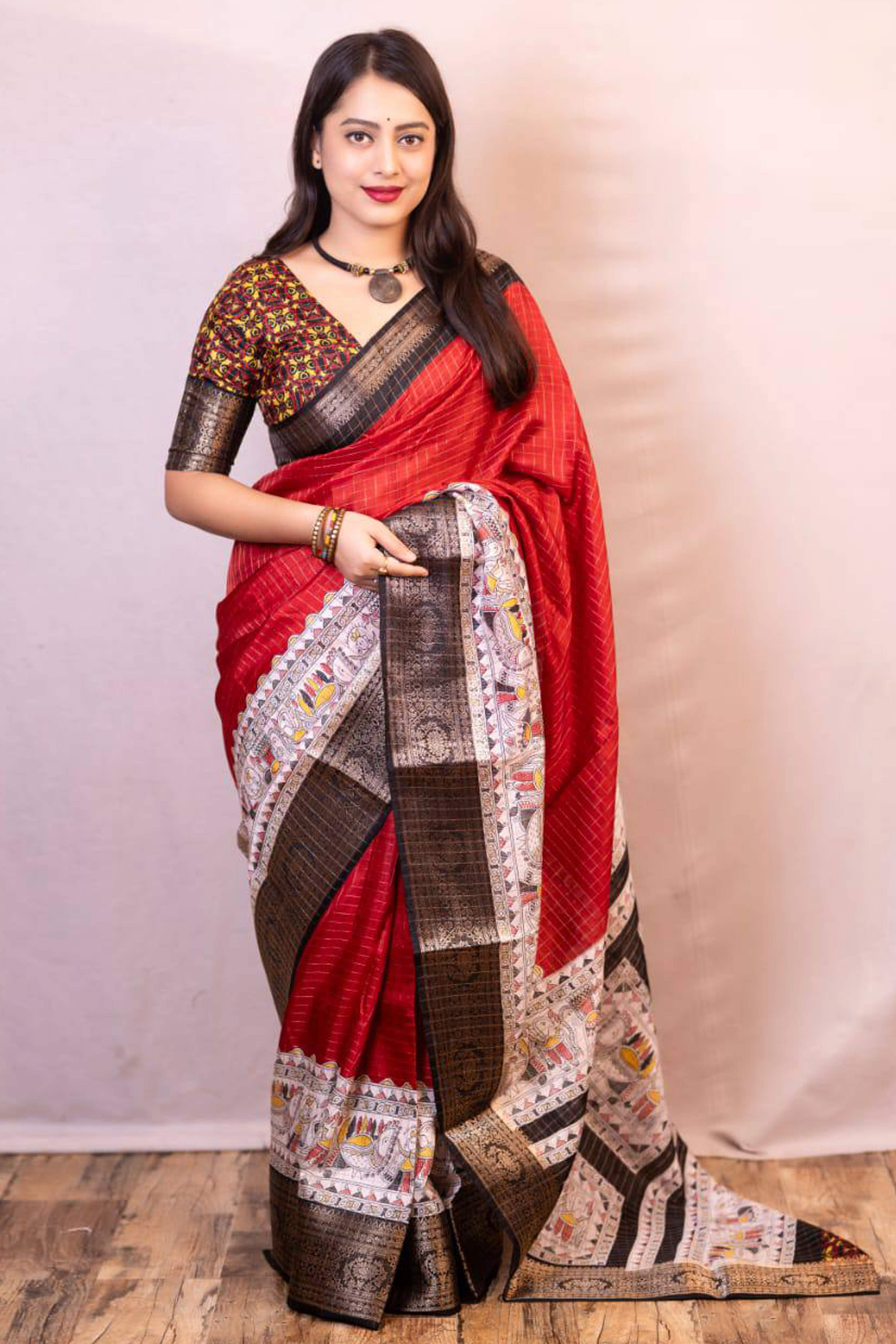 Red Printed With Zari Checks Dola Silk Saree