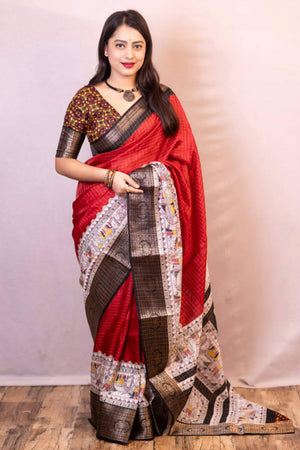Red Printed With Zari Checks Dola Silk Saree
