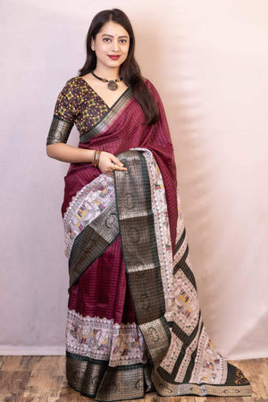 Wine Printed With Zari Checks Dola Silk Saree
