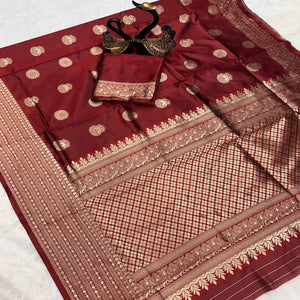 Maroon Floral Woven Lichi Banarasi Silk Saree