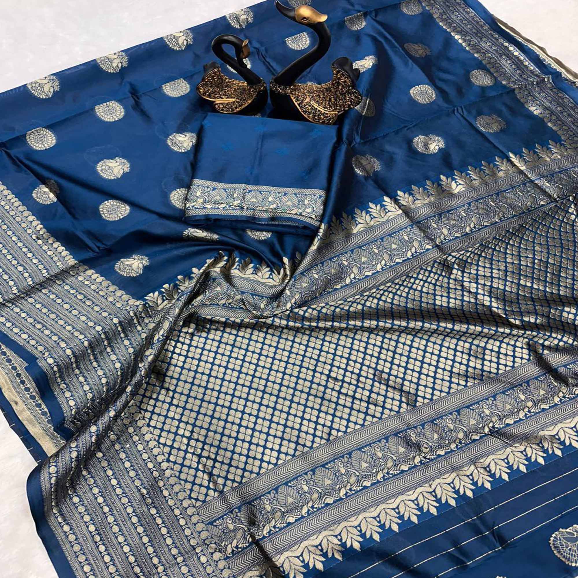 Morpich Blue Floral Woven Lichi Banarasi Silk Saree