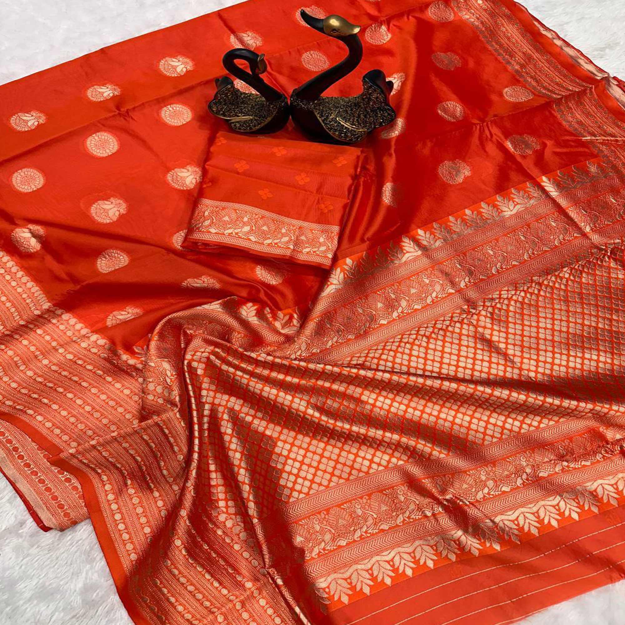 Orange Floral Woven Lichi Banarasi Silk Saree