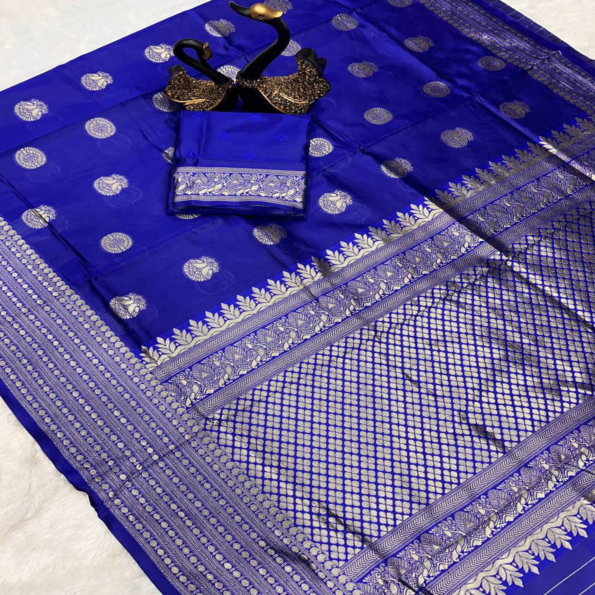 Royal Blue Floral Woven Lichi Banarasi Silk Saree