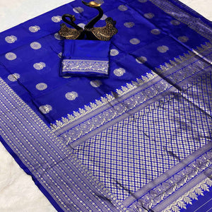 Royal Blue Floral Woven Lichi Banarasi Silk Saree