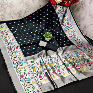 Festive Banarasi Silk Paithani Saree in Black Enhanced with Zari Weaving