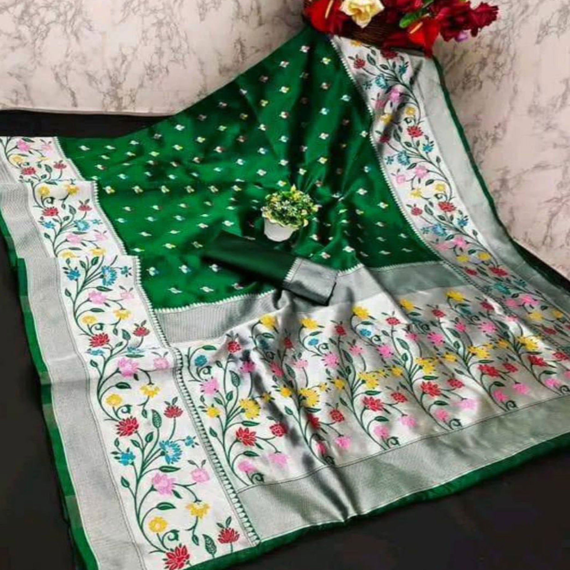 Festive Banarasi Silk Paithani Saree in Green Enhanced with Zari Weaving