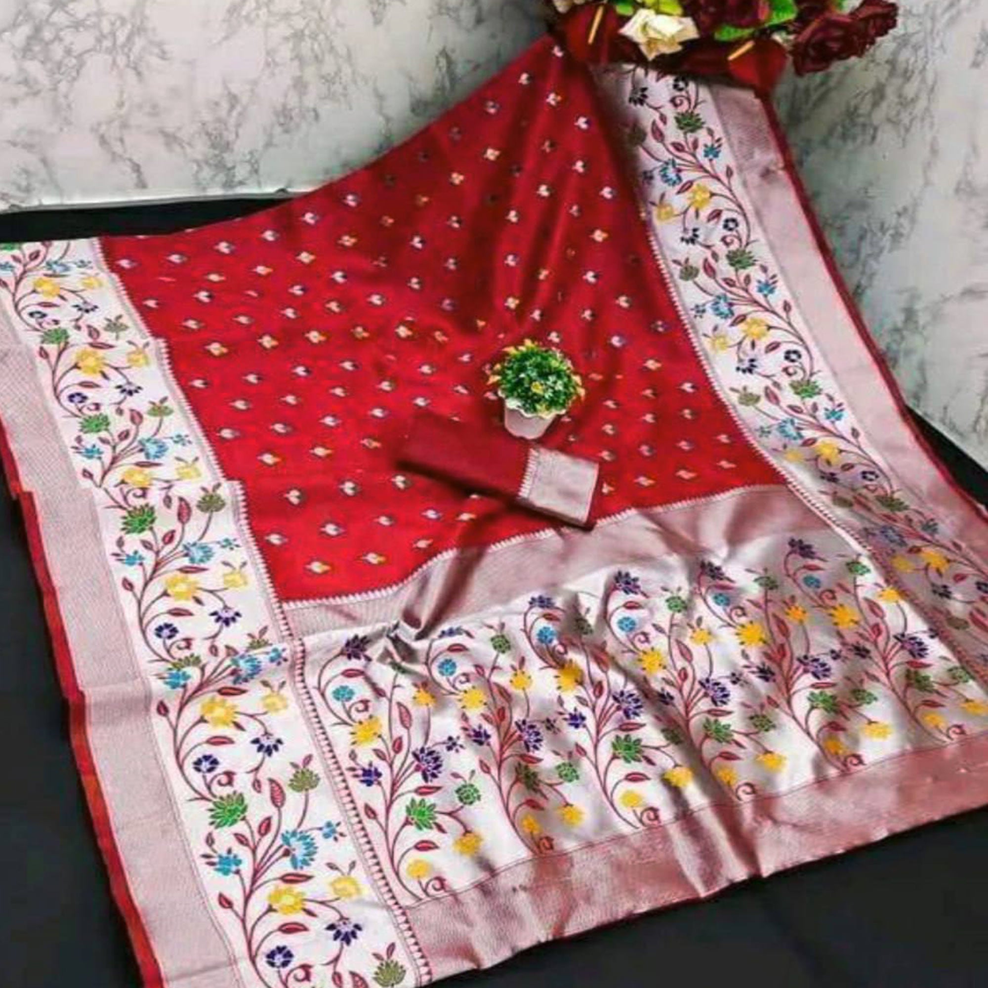 Festive Banarasi Silk Paithani Saree in Red Enhanced with Zari Weaving