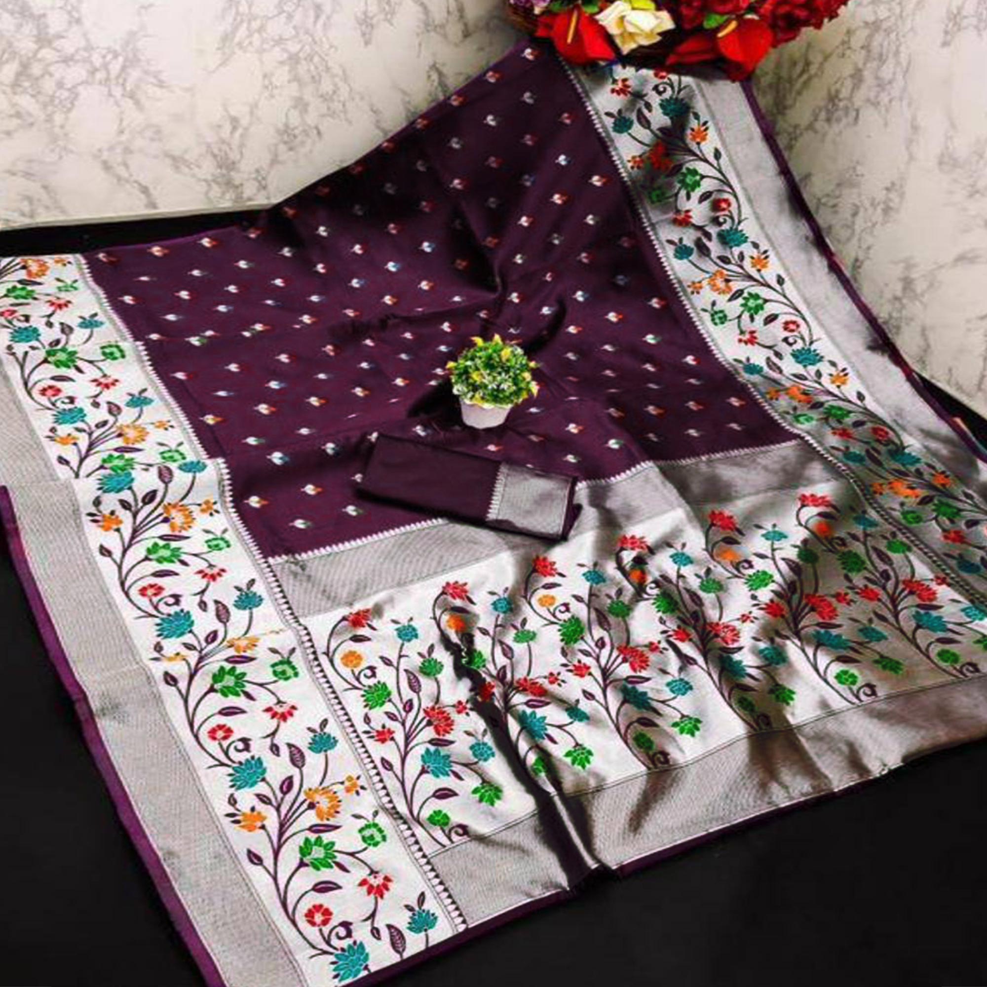 Festive Banarasi Silk Paithani Saree in Wine Enhanced with Zari Weaving