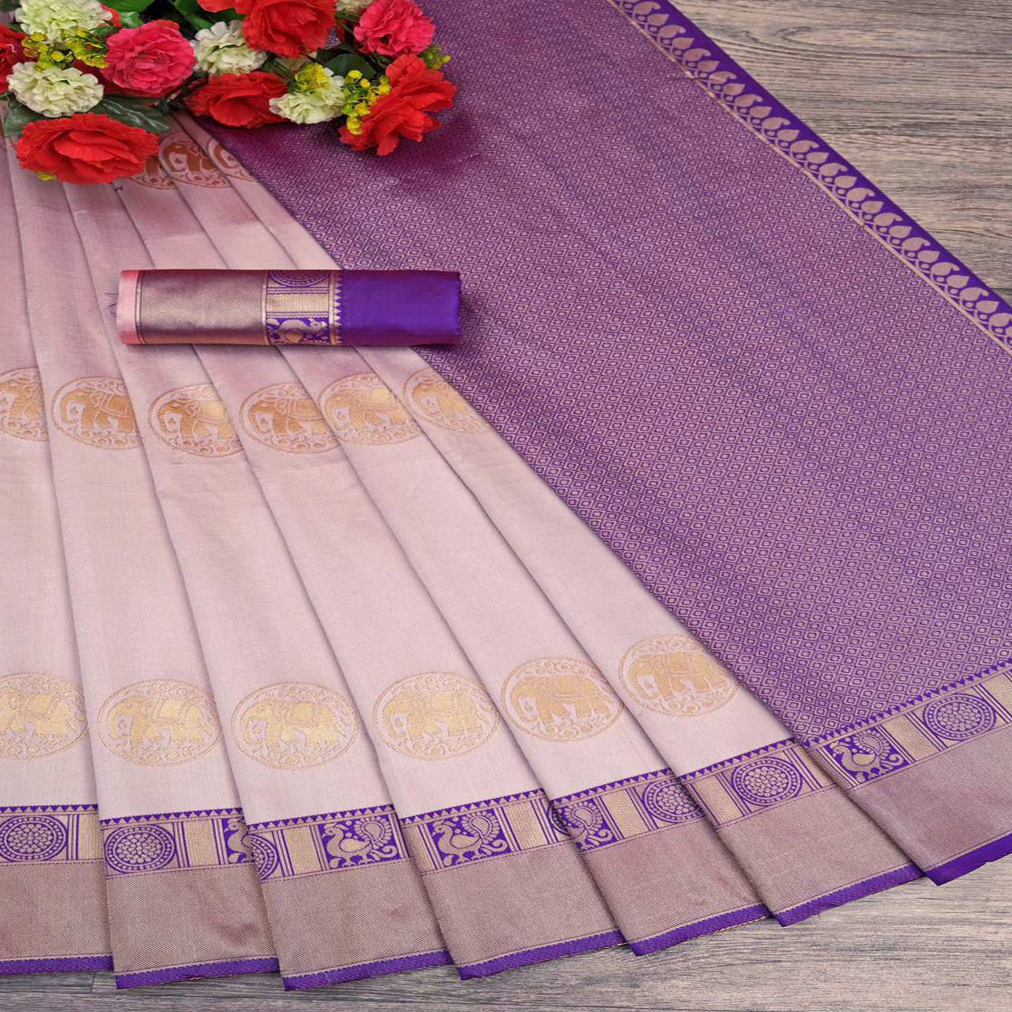 Peach Woven Lichi Banarasi Silk Saree