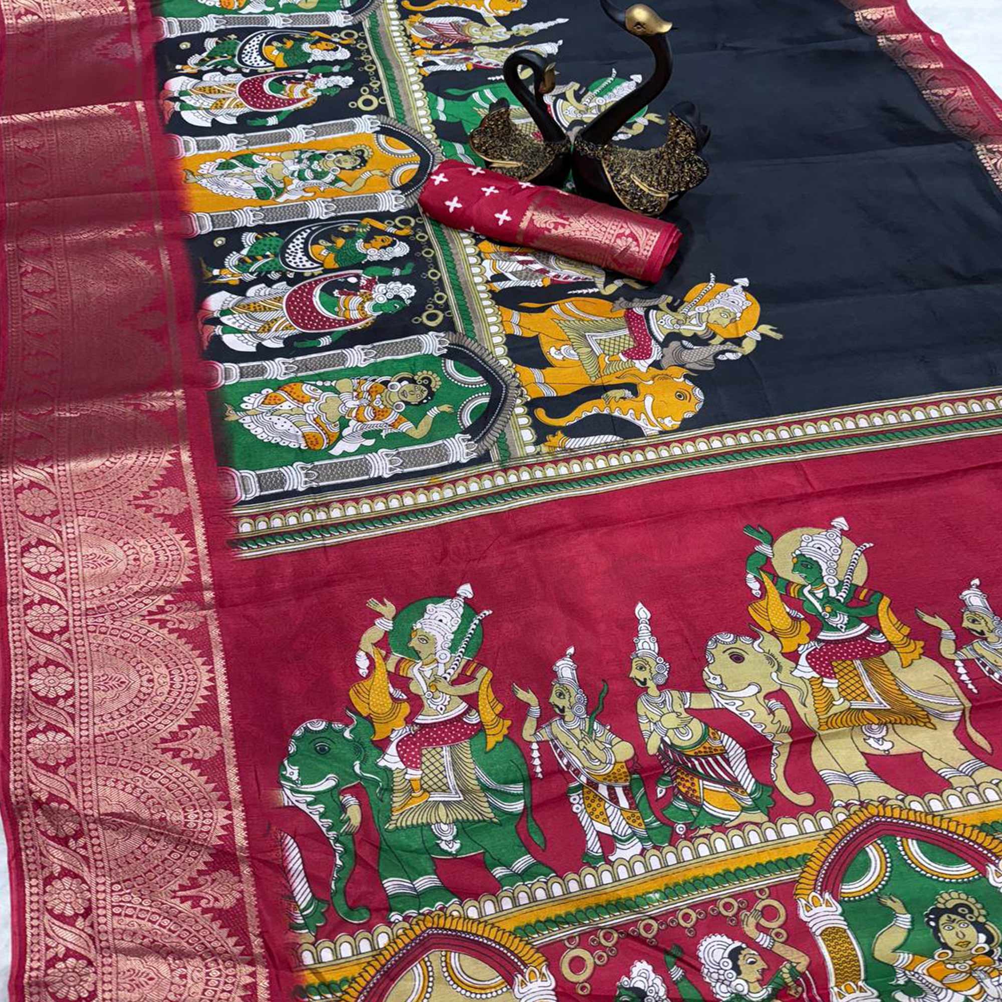 Black Mangalagiri Patterned Dola Silk Saree Accentuated with Gleaming Zari Borders
