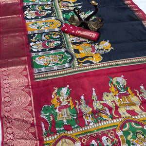 Black Mangalagiri Patterned Dola Silk Saree Accentuated with Gleaming Zari Borders
