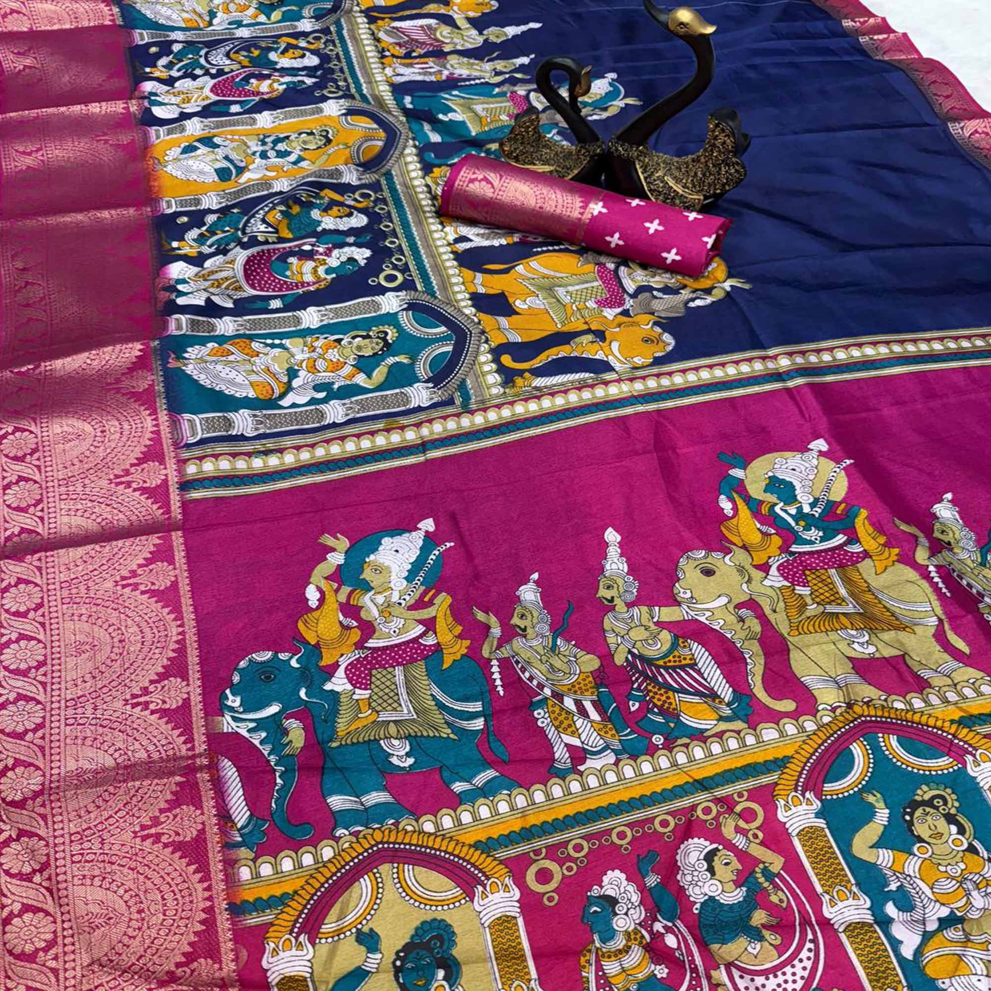 Blue Mangalagiri Patterned Dola Silk Saree Accentuated with Gleaming Zari Borders