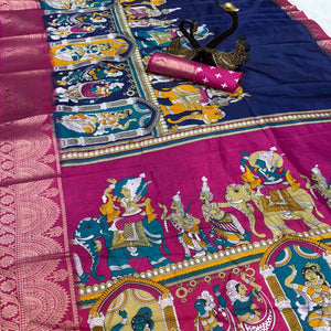Blue Mangalagiri Patterned Dola Silk Saree Accentuated with Gleaming Zari Borders