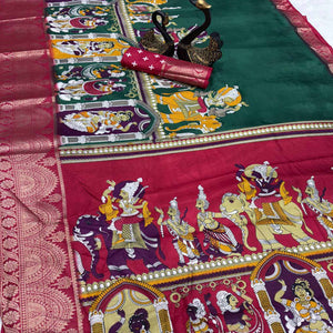 Green Mangalagiri Patterned Dola Silk Saree Accentuated with Gleaming Zari Borders