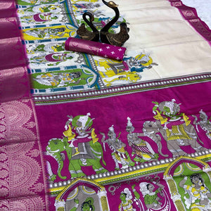 Off White Mangalagiri Patterned Dola Silk Saree Accentuated with Gleaming Zari Borders