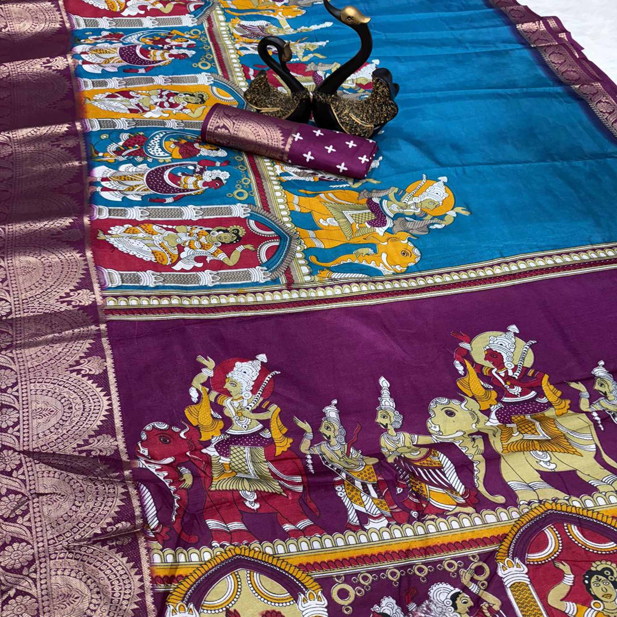 Teal Mangalagiri Patterned Dola Silk Saree Accentuated with Gleaming Zari Borders