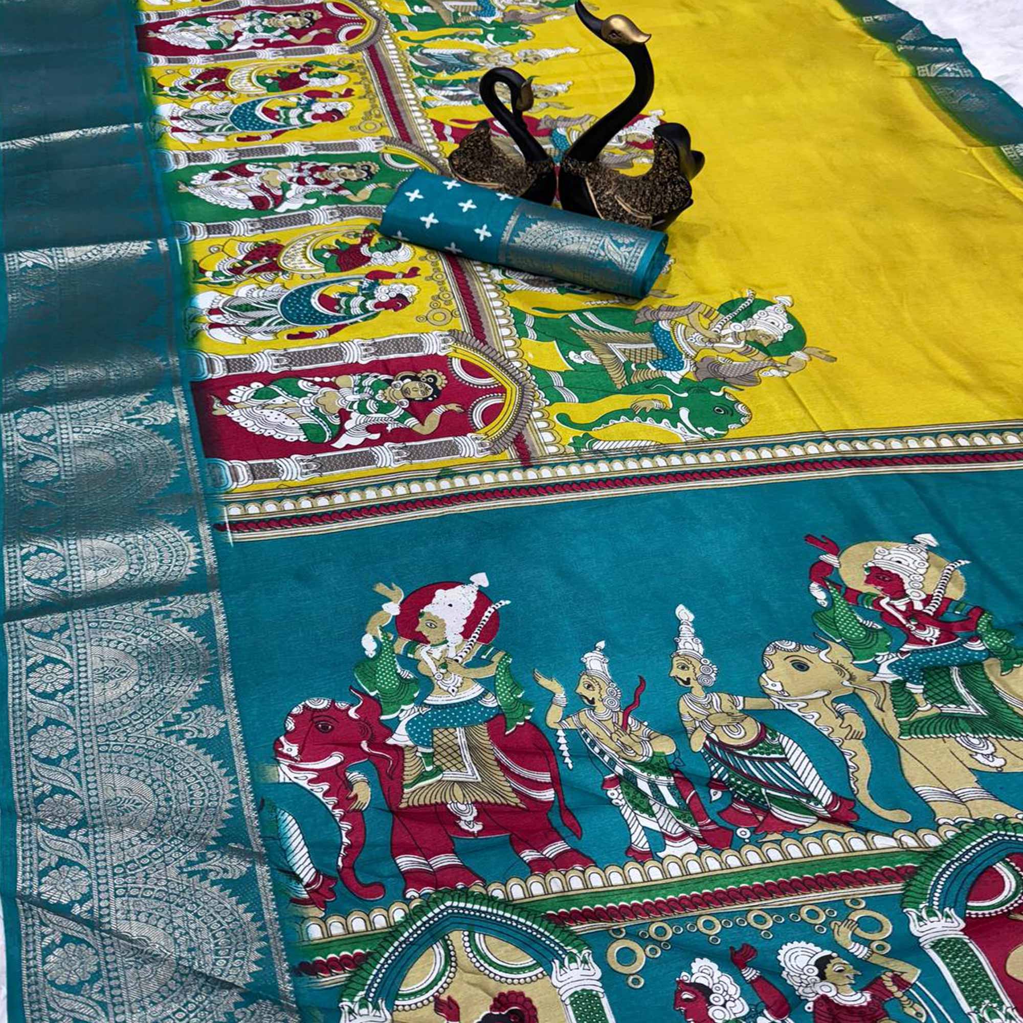 Yellow Mangalagiri Patterned Dola Silk Saree Accentuated with Gleaming Zari Borders